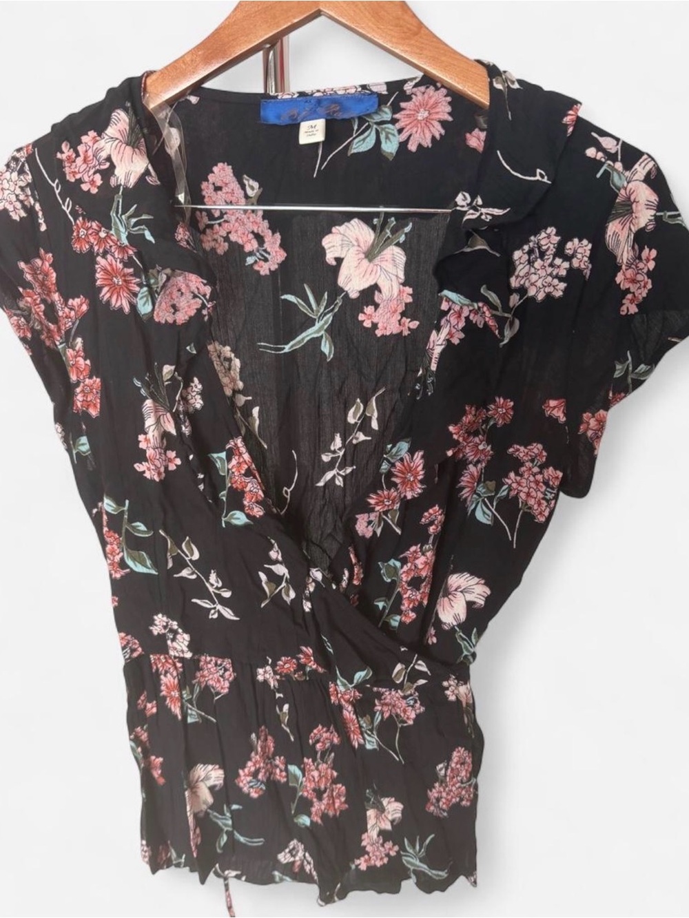 Blue Rain Black Floral Wrap Blouse